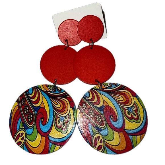 Unbranded Accessories - Boho Hippie Wooden Drop Earrings Red Ombre Circles Psychedelic Mandala Accent